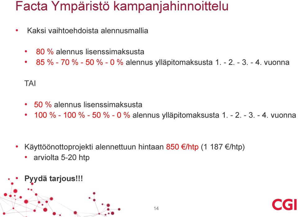 vuonna TAI 50 % alennus lisenssimaksusta 100 % - 100 % - 50 % - 0 % alennus ylläpitomaksusta 1.