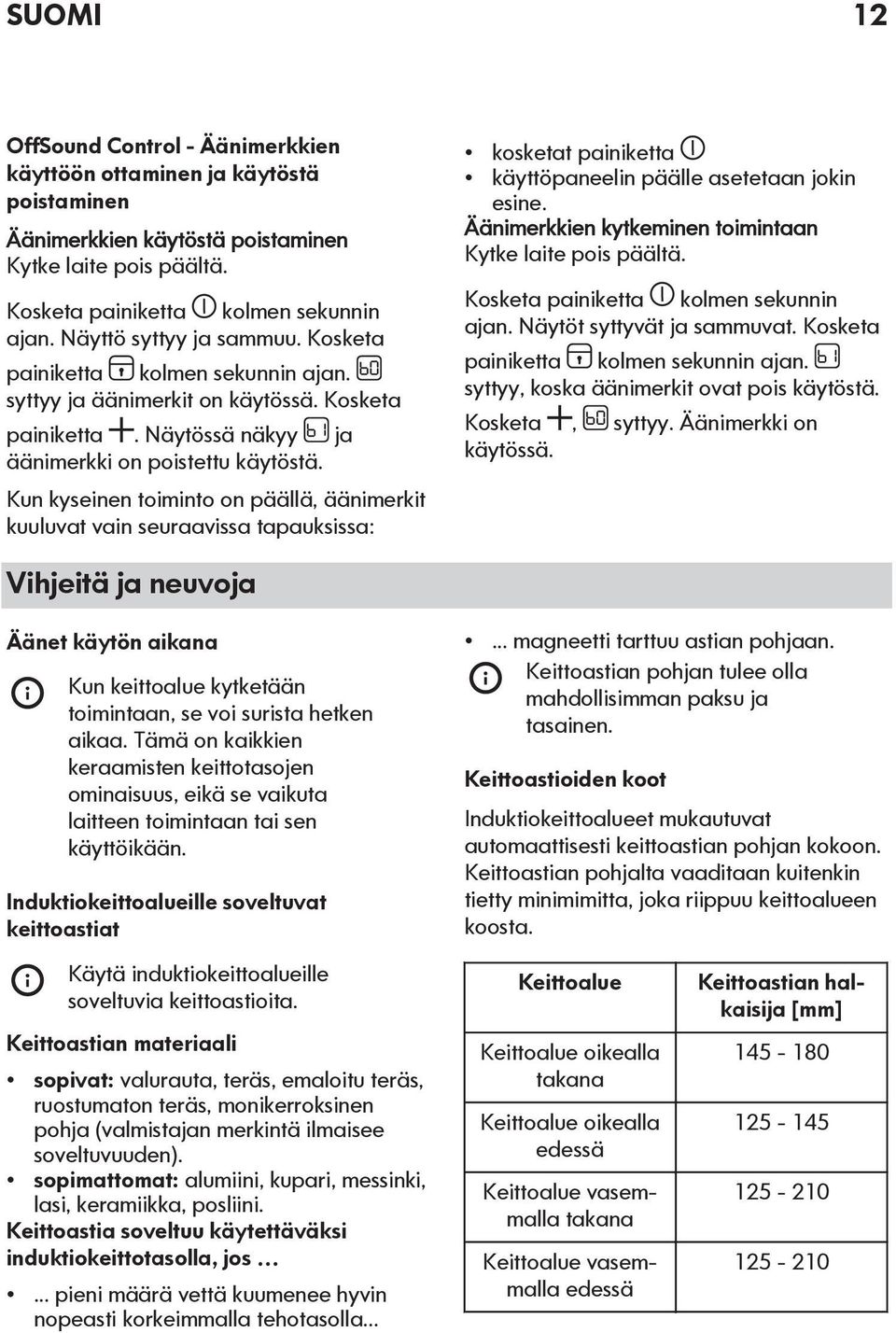 Kun kyseinen toiminto on päällä, äänimerkit kuuluvat vain seuraavissa tapauksissa: kosketat painiketta käyttöpaneelin päälle asetetaan jokin esine.