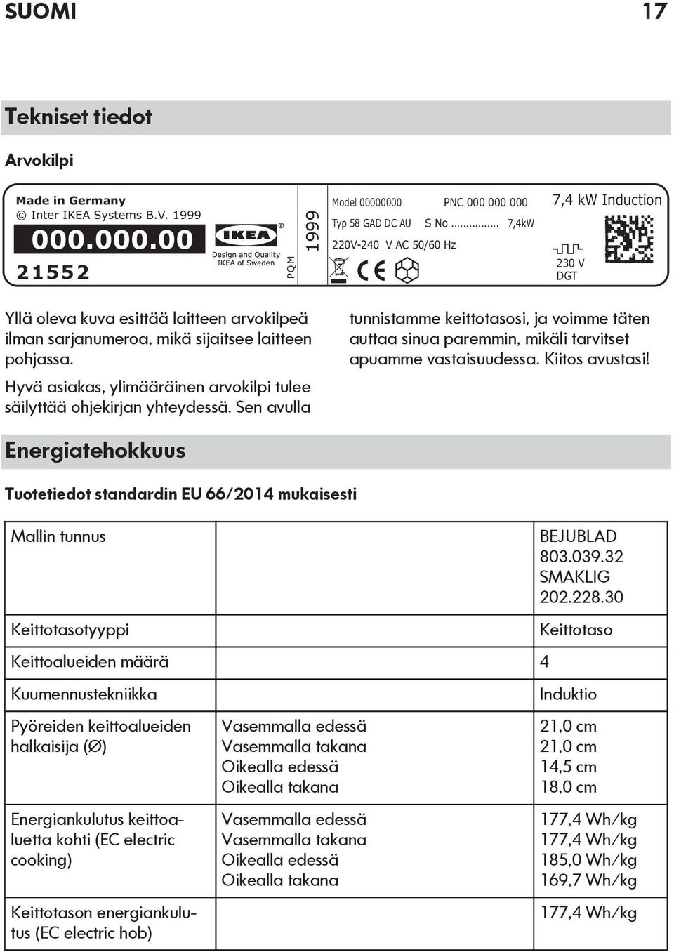 Hyvä asiakas, ylimääräinen arvokilpi tulee säilyttää ohjekirjan yhteydessä. Sen avulla tunnistamme keittotasosi, ja voimme täten auttaa sinua paremmin, mikäli tarvitset apuamme vastaisuudessa.