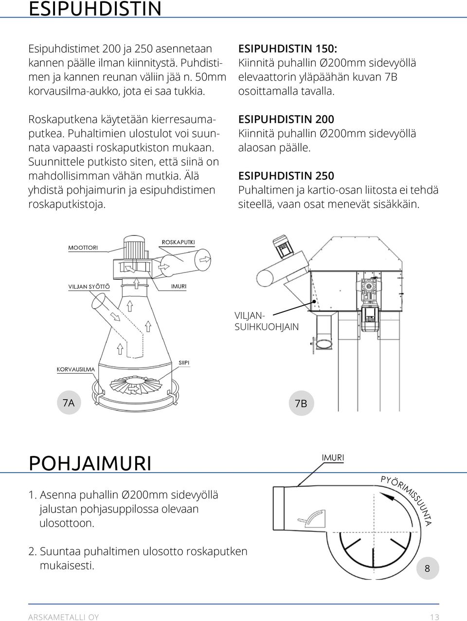 Älä yhdistä pohjaimurin ja esipuhdistimen roskaputkistoja. ESIPUHDISTIN 150: Kiinnitä puhallin Ø200mm sidevyöllä elevaattorin yläpäähän kuvan 7B osoittamalla tavalla.