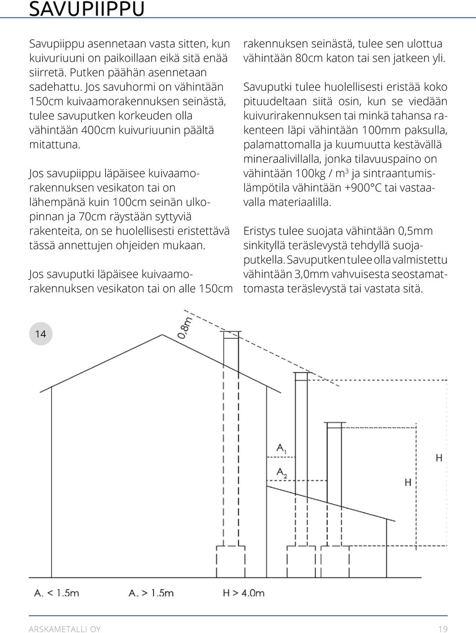 Jos savupiippu läpäisee kuivaamorakennuksen vesikaton tai on lähempänä kuin 100cm seinän ulkopinnan ja 70cm räystään syttyviä rakenteita, on se huolellisesti eristettävä tässä annettujen ohjeiden