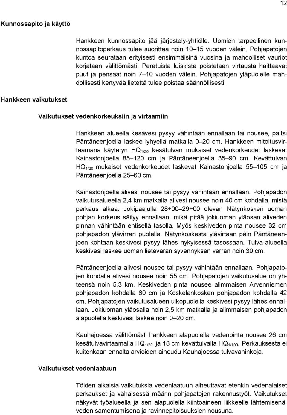 Peratuista luiskista poistetaan virtausta haittaavat puut ja pensaat noin 7 10 vuoden välein. Pohjapatojen yläpuolelle mahdollisesti kertyvää lietettä tulee poistaa säännöllisesti.