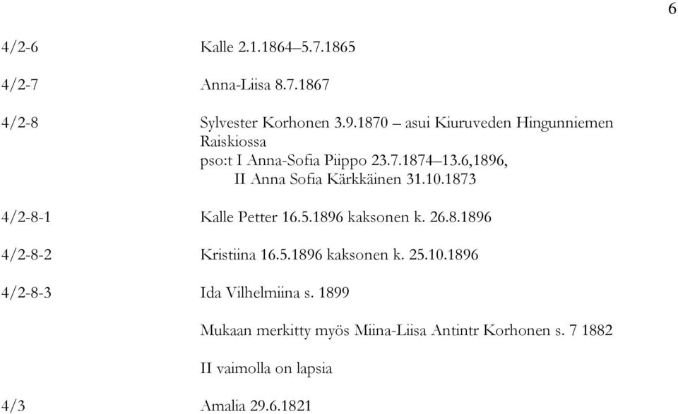 6,1896, II Anna Sofia Kärkkäinen 31.10.1873 4/2-8-1 Kalle Petter 16.5.1896 kaksonen k. 26.8.1896 4/2-8-2 Kristiina 16.