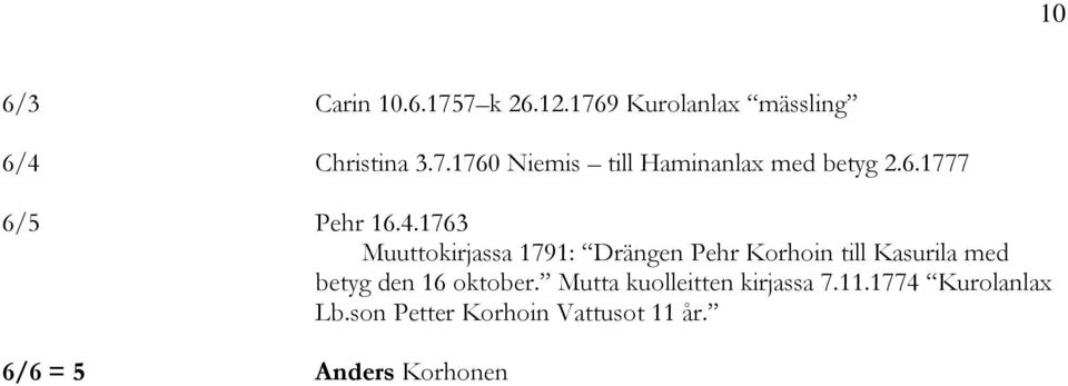 1763 Muuttokirjassa 1791: Drängen Pehr Korhoin till Kasurila med betyg den 16