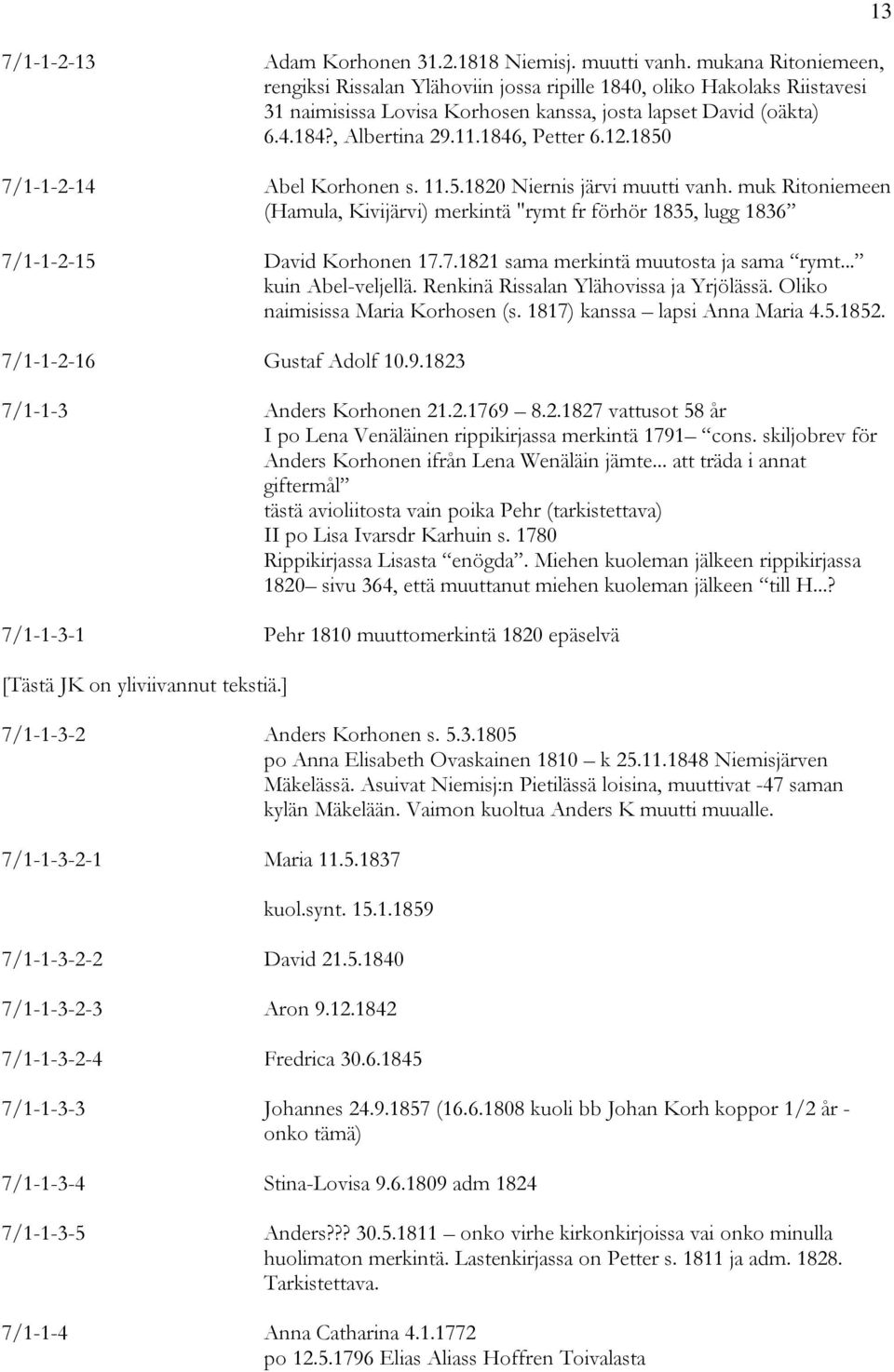 12.1850 7/1-1-2-14 Abel Korhonen s. 11.5.1820 Niernis järvi muutti vanh. muk Ritoniemeen (Hamula, Kivijärvi) merkintä "rymt fr förhör 1835, lugg 1836 7/1-1-2-15 David Korhonen 17.7.1821 sama merkintä muutosta ja sama rymt.
