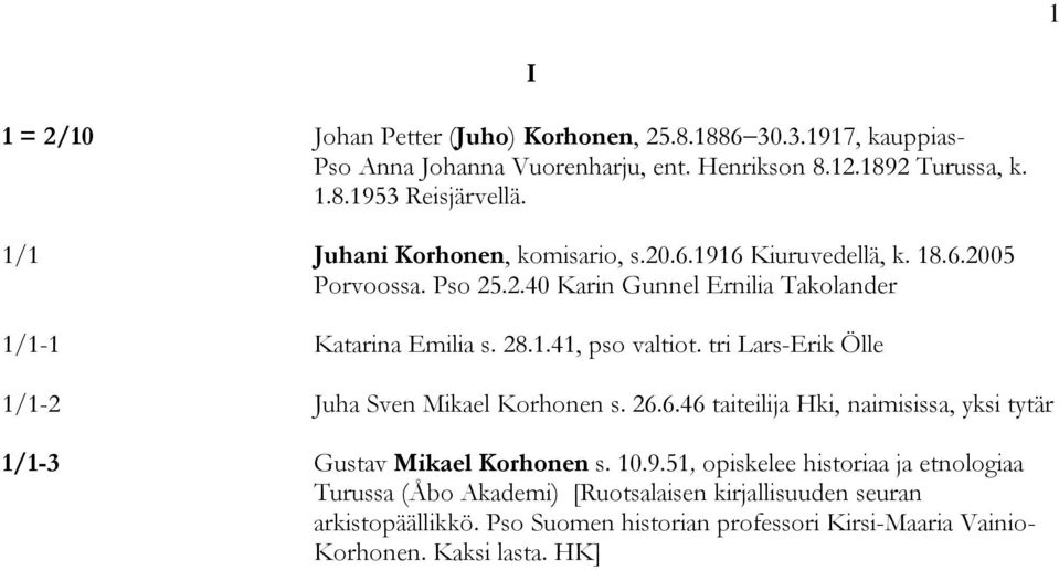 tri Lars-Erik Ölle I 1/1-2 Juha Sven Mikael Korhonen s. 26.6.46 taiteilija Hki, naimisissa, yksi tytär 1/1-3 Gustav Mikael Korhonen s. 10.9.