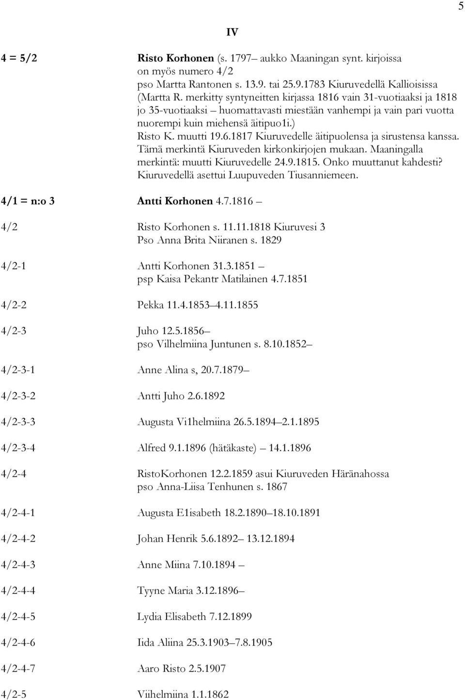 Tämä merkintä Kiuruveden kirkonkirjojen mukaan. Maaningalla merkintä: muutti Kiuruvedelle 24.9.1815. Onko muuttanut kahdesti? Kiuruvedellä asettui Luupuveden Tiusanniemeen.