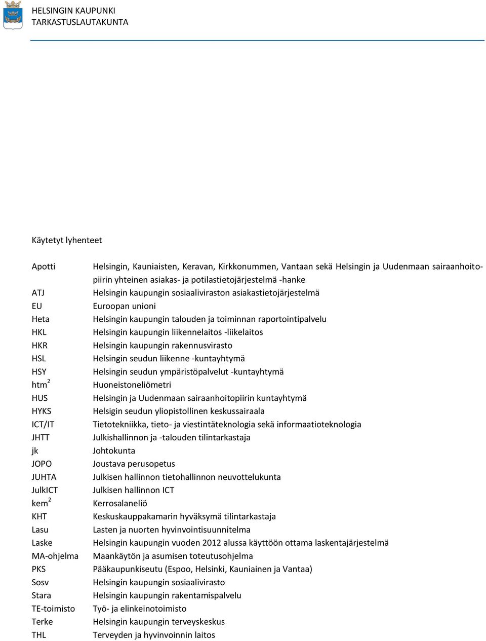unioni Helsingin kaupungin talouden ja toiminnan raportointipalvelu Helsingin kaupungin liikennelaitos -liikelaitos Helsingin kaupungin rakennusvirasto Helsingin seudun liikenne -kuntayhtymä