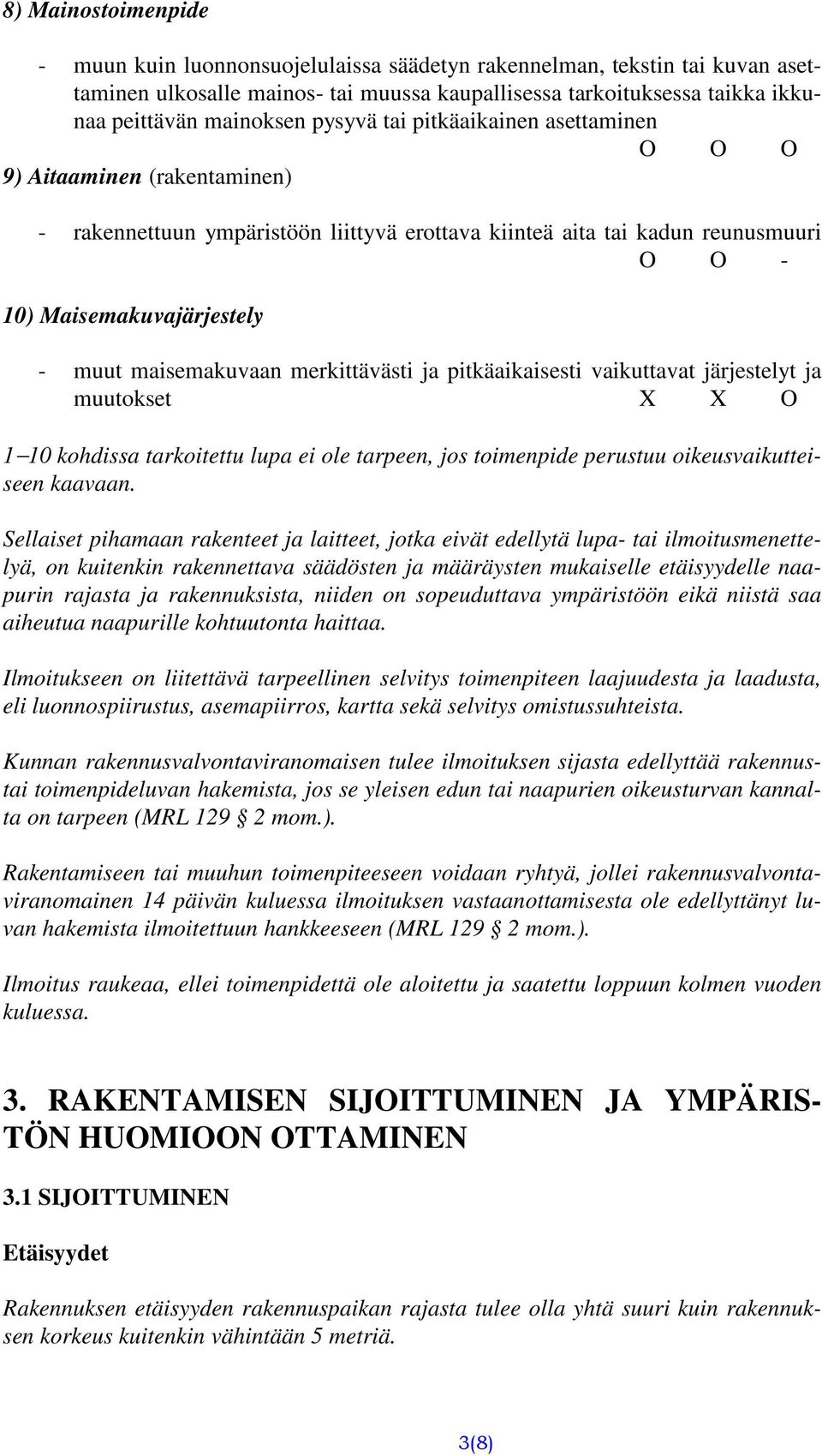 maisemakuvaan merkittävästi ja pitkäaikaisesti vaikuttavat järjestelyt ja muutokset X X O 1 10 kohdissa tarkoitettu lupa ei ole tarpeen, jos toimenpide perustuu oikeusvaikutteiseen kaavaan.