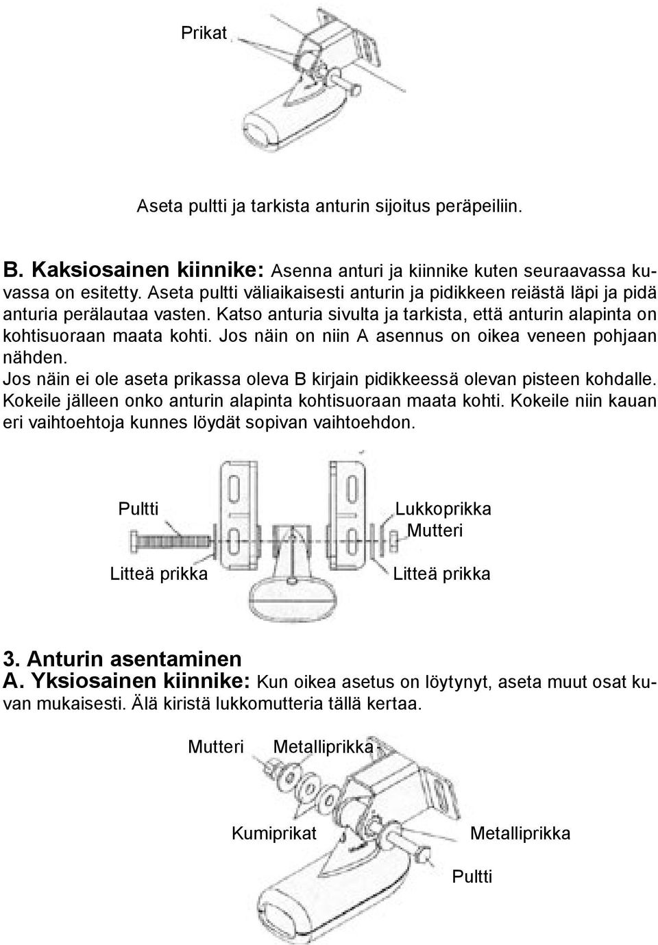 Jos näin on niin A asennus on oikea veneen pohjaan nähden. Jos näin ei ole aseta prikassa oleva B kirjain pidikkeessä olevan pisteen kohdalle.