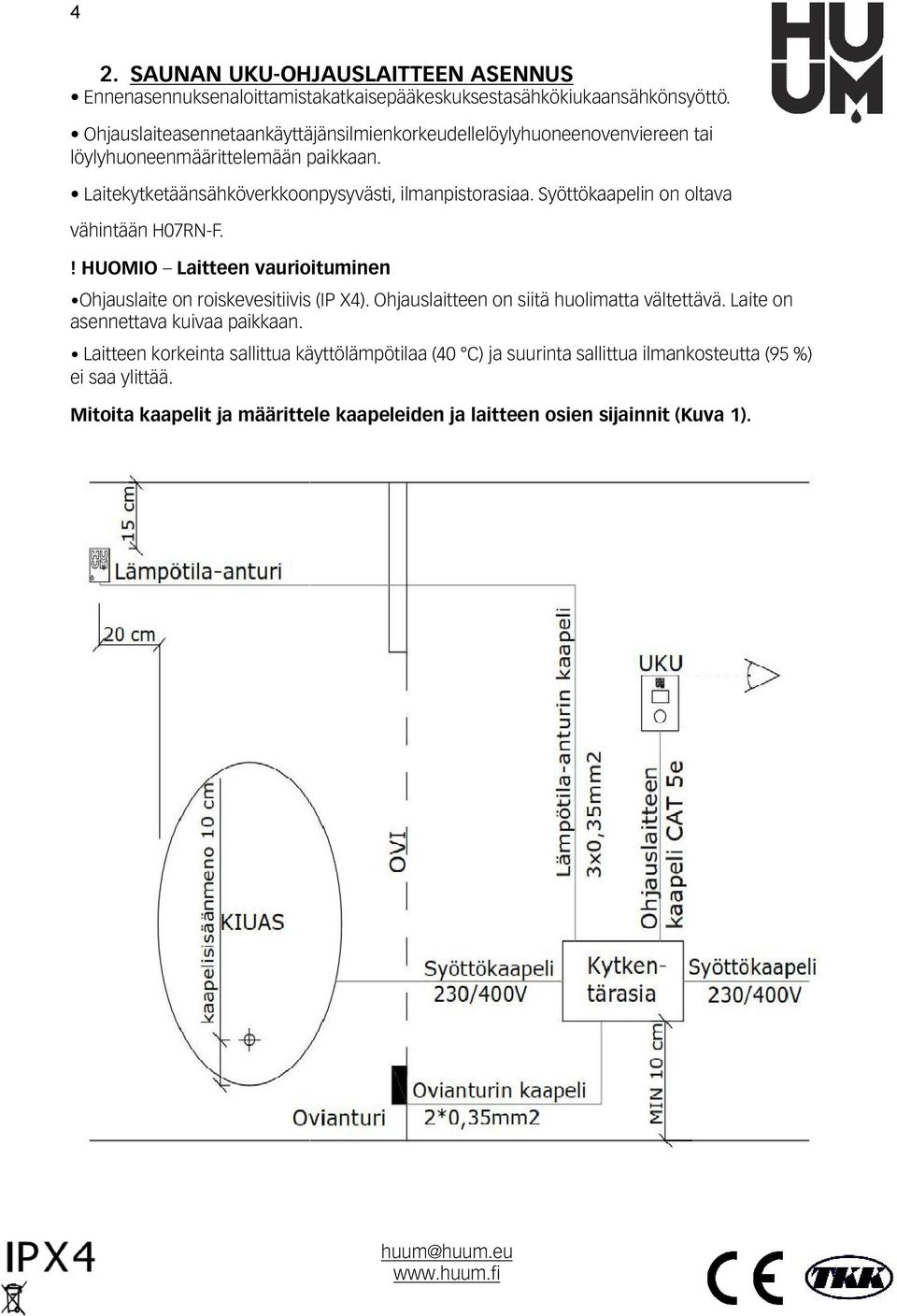 Syöttökaapelin on oltava vähintään H07RN-F.! HUOMIO Laitteen vaurioituminen Ohjauslaite on roiskevesitiivis (IP X4). Ohjauslaitteen on siitä huolimatta vältettävä.