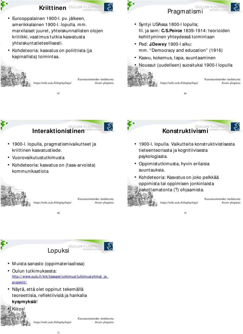 Dewey 1900-l alku: mm. Democracy and education (1916) Kasvu, kokemus, tapa, suuntaaminen Noussut (uudelleen) suosituksi 1900-l lopulla 67 68 Interaktionistinen 1900-l.