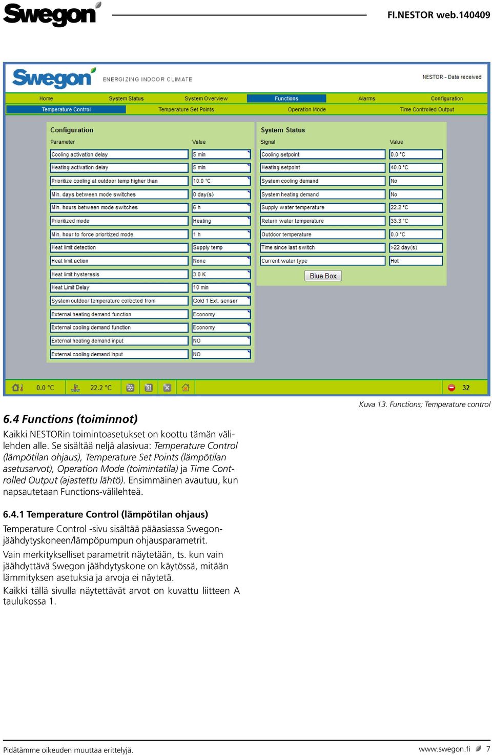 Ensimmäinen avautuu, kun napsautetaan Functions-välilehteä. Kuva 13. Functions; Temperature control 6.4.