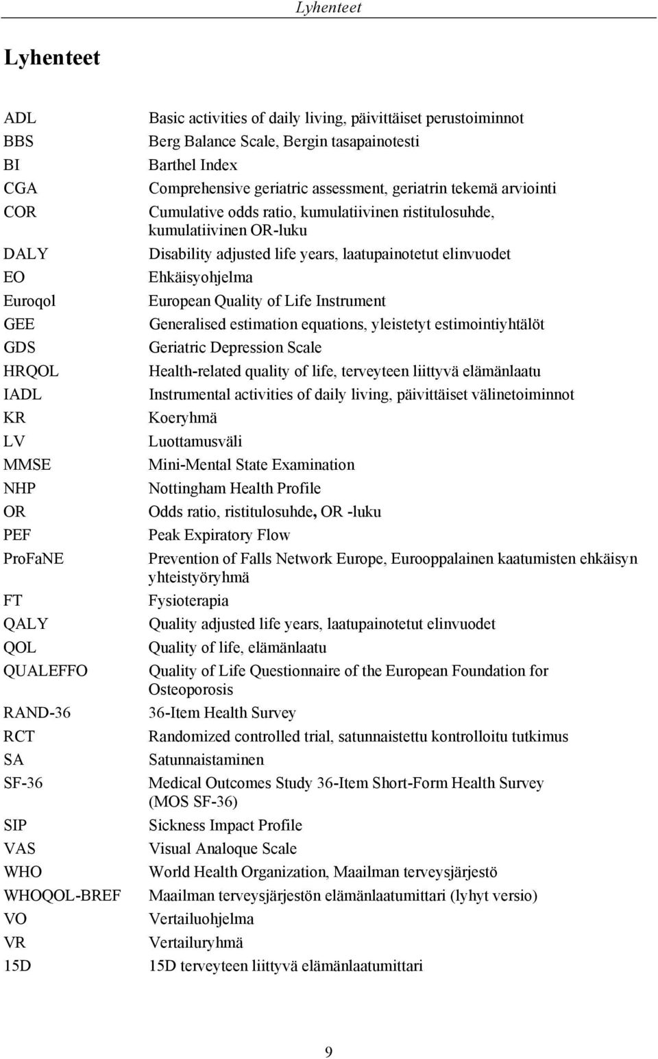 ristitulosuhde, kumulatiivinen OR-luku Disability adjusted life years, laatupainotetut elinvuodet Ehkäisyohjelma European Quality of Life Instrument Generalised estimation equations, yleistetyt