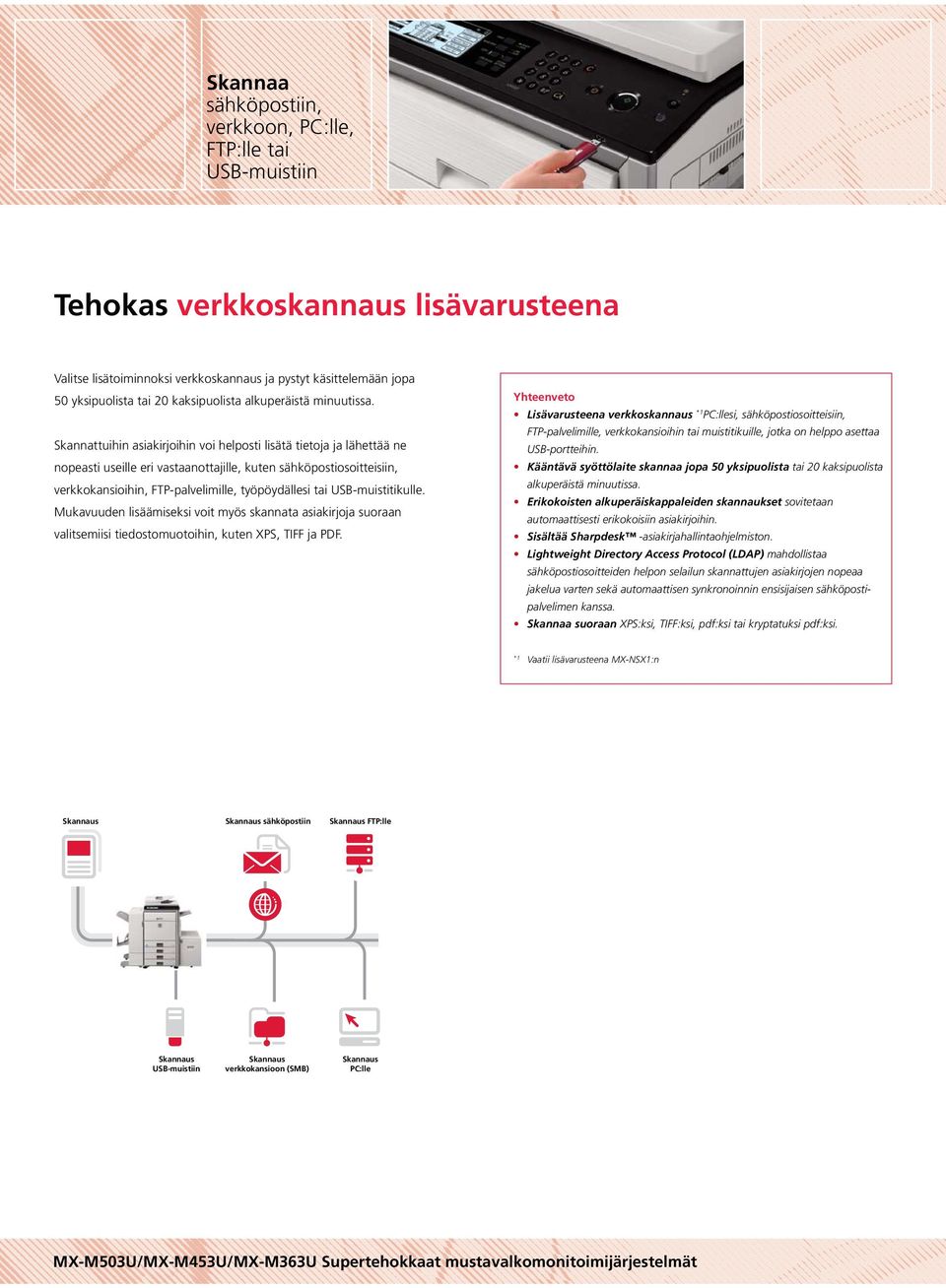 Skannattuihin asiakirjoihin voi helposti lisätä tietoja ja lähettää ne nopeasti useille eri vastaanottajille, kuten sähköpostiosoitteisiin, verkkokansioihin, FTP-palvelimille, työpöydällesi tai