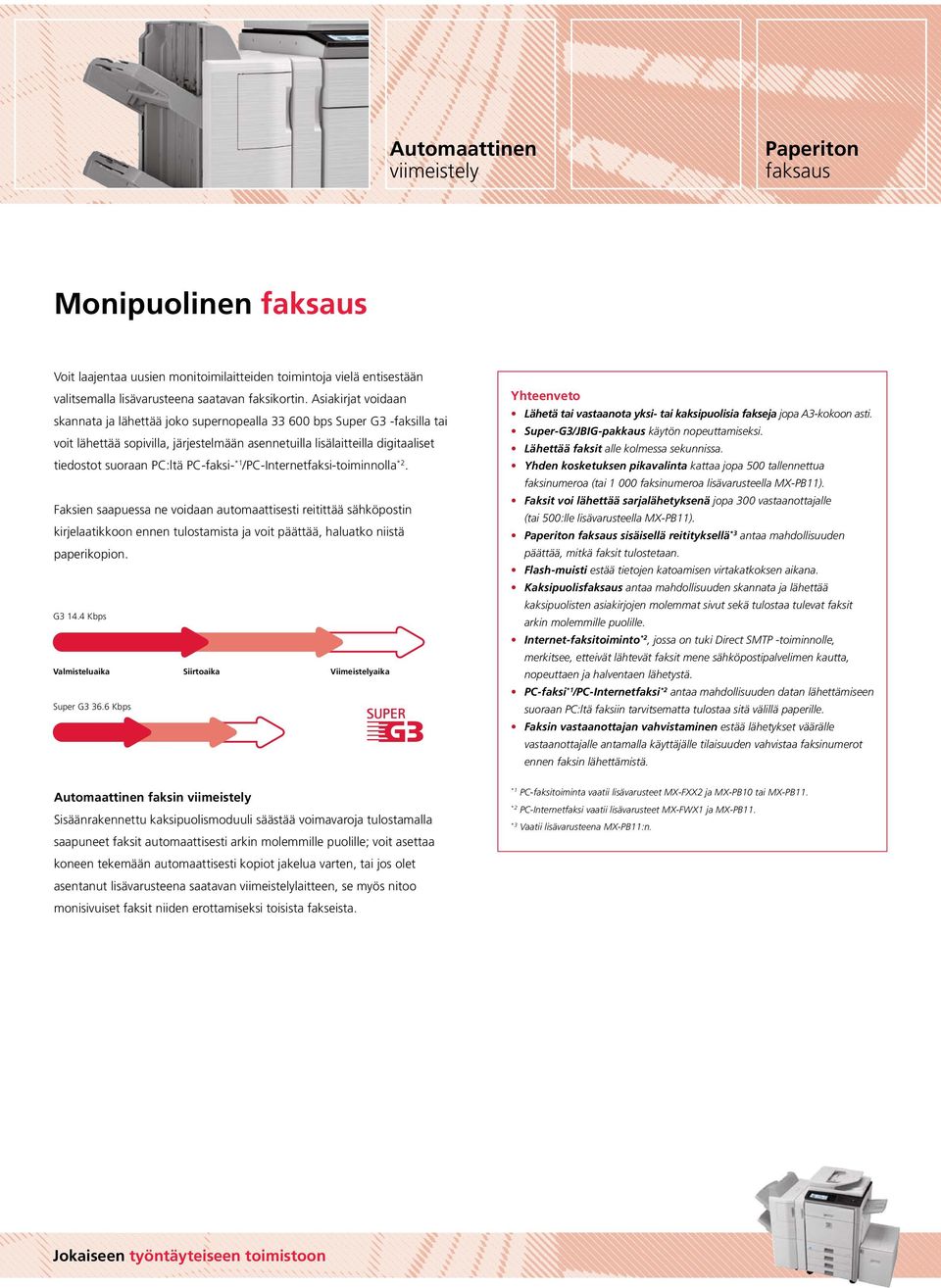 PC-faksi- /PC-Internetfaksi-toiminnolla *2. Faksien saapuessa ne voidaan automaattisesti reitittää sähköpostin kirjelaatikkoon ennen tulostamista ja voit päättää, haluatko niistä paperikopion. G3 14.