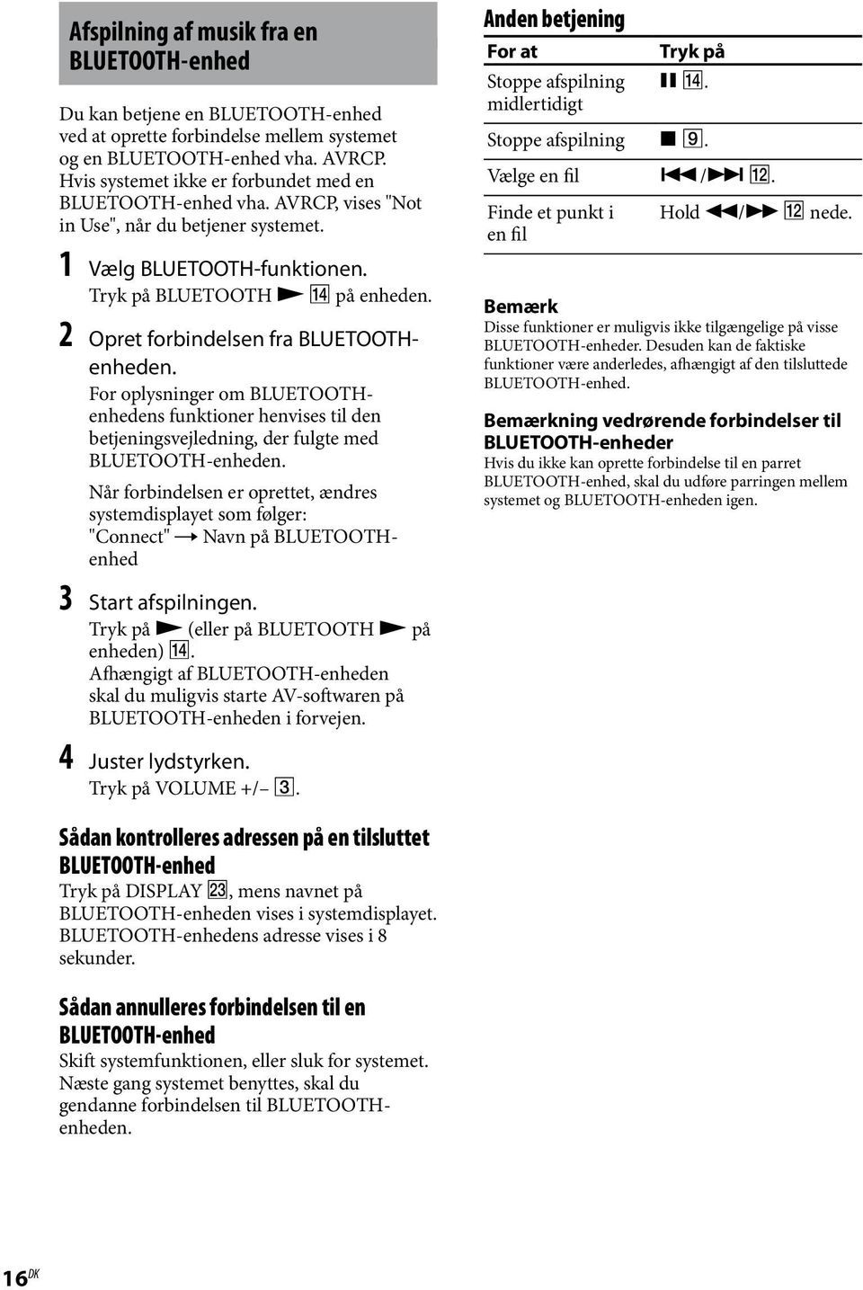 2 Opret forbindelsen fra BLUETOOTHenheden. For oplysninger om BLUETOOTHenhedens funktioner henvises til den betjeningsvejledning, der fulgte med BLUETOOTH-enheden.