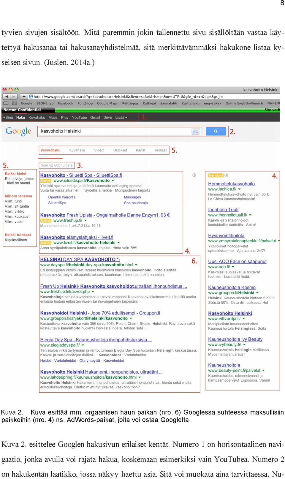 (Juslen, 2014a.) Kuva 2. Kuva esittää mm. orgaanisen haun paikan (nro. 6) Googlessa suhteessa maksullisiin paikkoihin (nro. 4) ns.