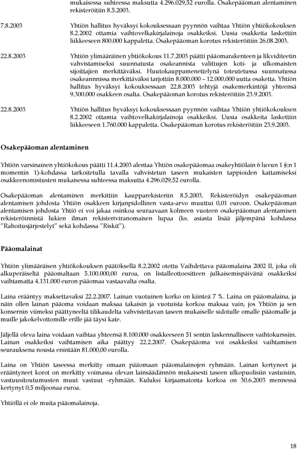 2003 päätti pääomarakenteen ja likviditeetin vahvistamiseksi suunnatusta osakeannista valittujen koti- ja ulkomaisten sijoittajien merkittäväksi.