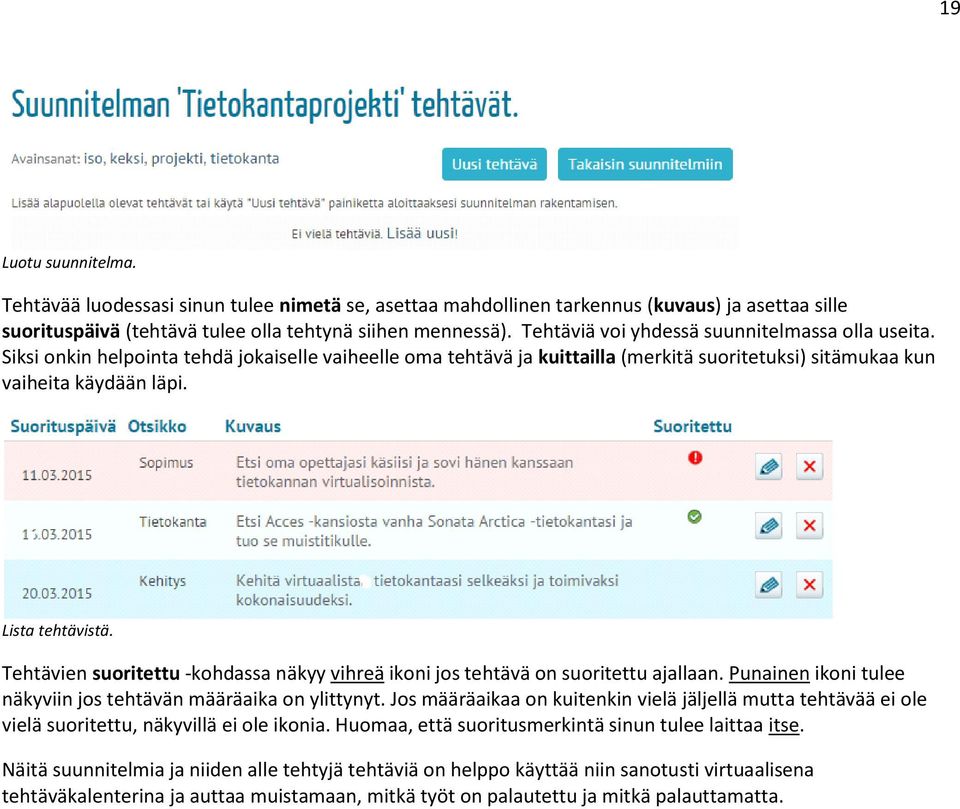 Lista tehtävistä. Tehtävien suoritettu -kohdassa näkyy vihreä ikoni jos tehtävä on suoritettu ajallaan. Punainen ikoni tulee näkyviin jos tehtävän määräaika on ylittynyt.