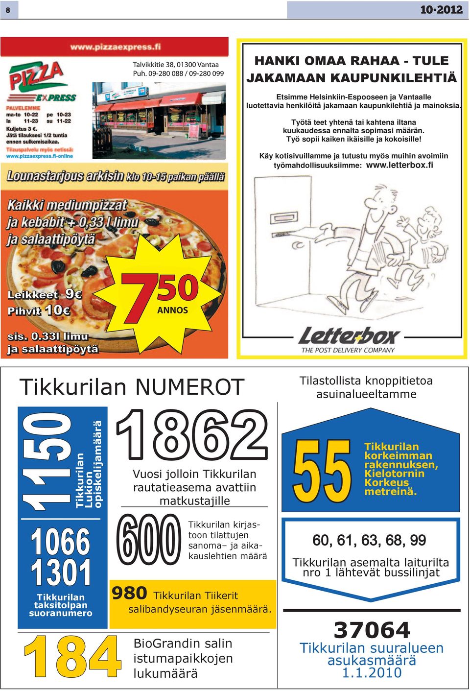 fi 7 50 ANNOS Tikkurilan NUMEROT Tilastollista knoppitietoa asuinalueeltamme Tikkurilan Lukion opiskelijamäärä Tikkurilan taksitolpan suoranumero Vuosi jolloin Tikkurilan rautatieasema avattiin