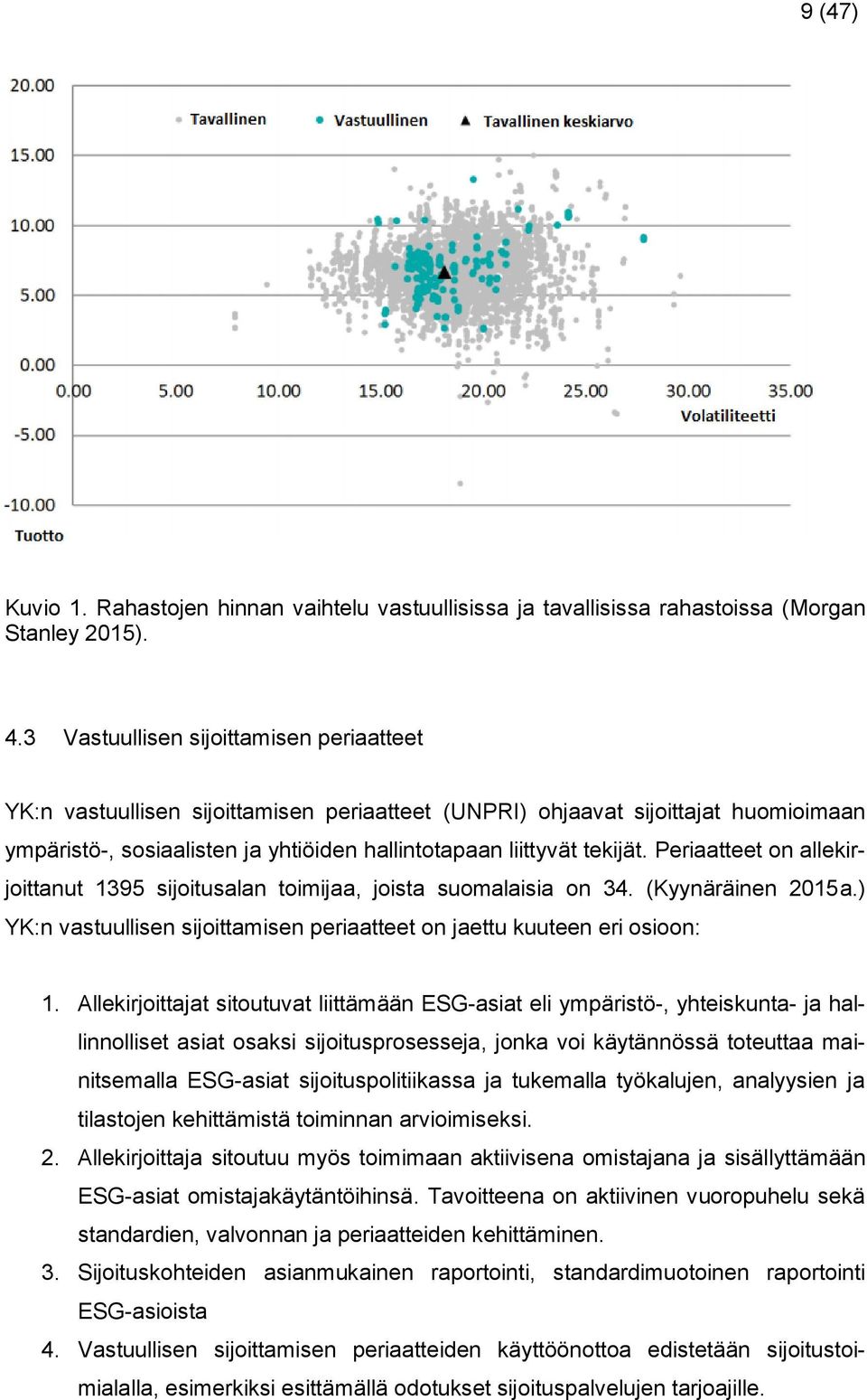 Periaatteet on allekirjoittanut 1395 sijoitusalan toimijaa, joista suomalaisia on 34. (Kyynäräinen 2015a.) YK:n vastuullisen sijoittamisen periaatteet on jaettu kuuteen eri osioon: 1.