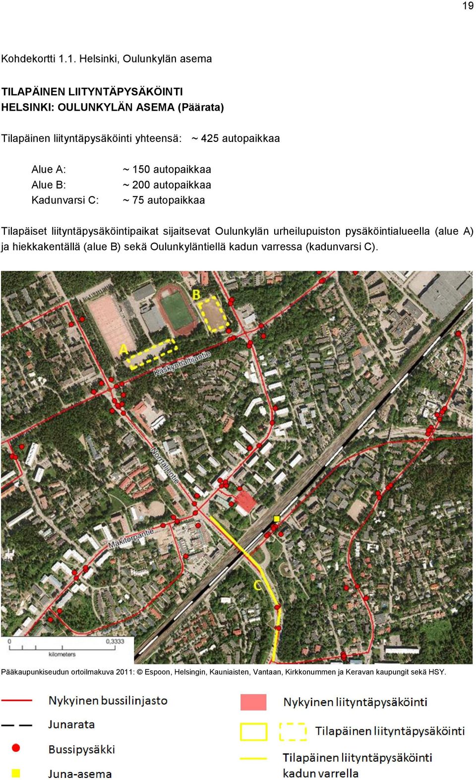 sijaitsevat Oulunkylän urheilupuiston pysäköintialueella (alue A) ja hiekkakentällä (alue B) sekä Oulunkyläntiellä kadun varressa