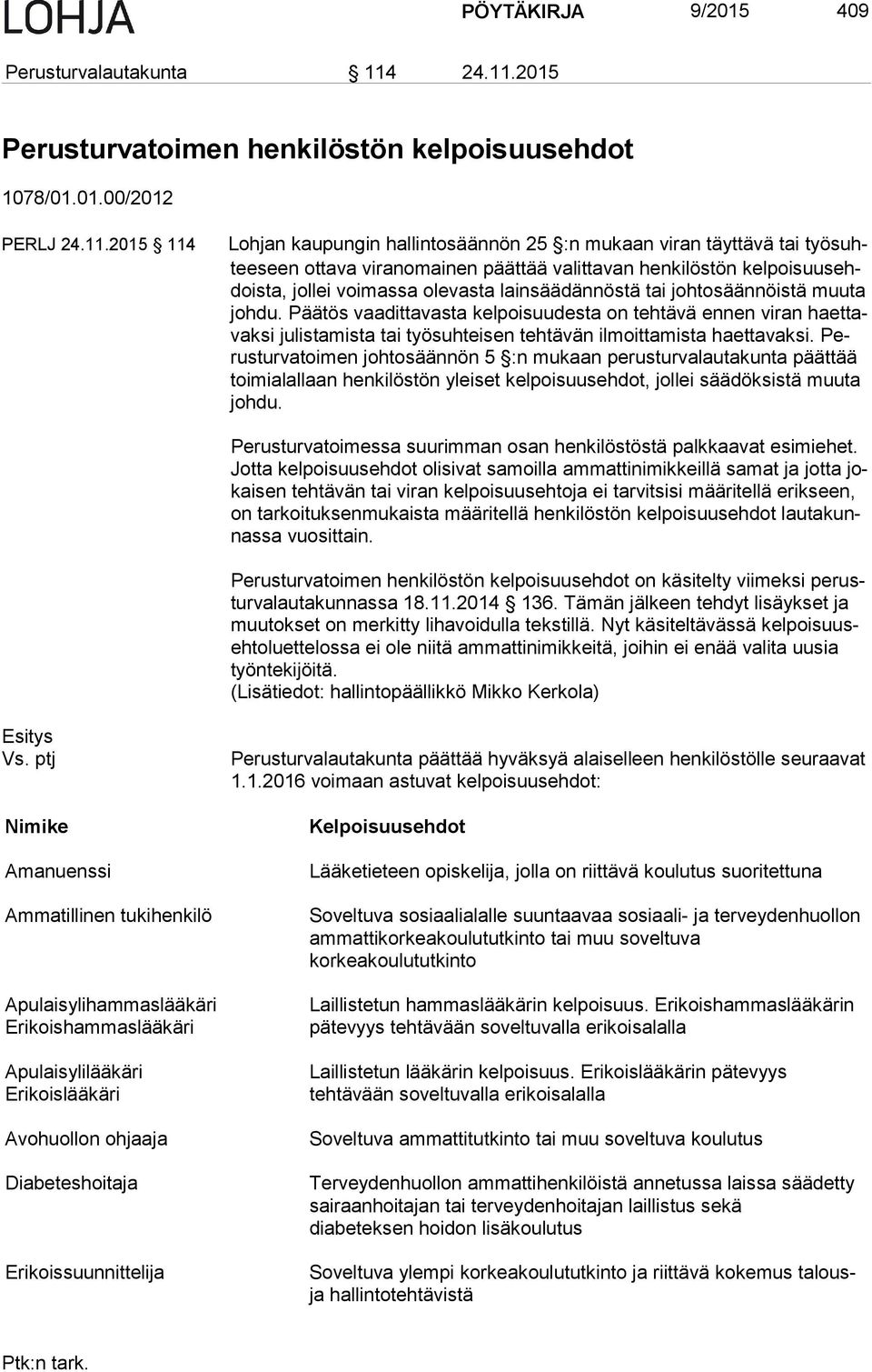 2015 Perusturvatoimen henkilöstön kelpoisuusehdot 1078/01.01.00/2012 PERLJ 2015 114 Lohjan kaupungin hallintosäännön 25 :n mukaan viran täyttävä tai työ suhtee seen ottava viranomainen päättää