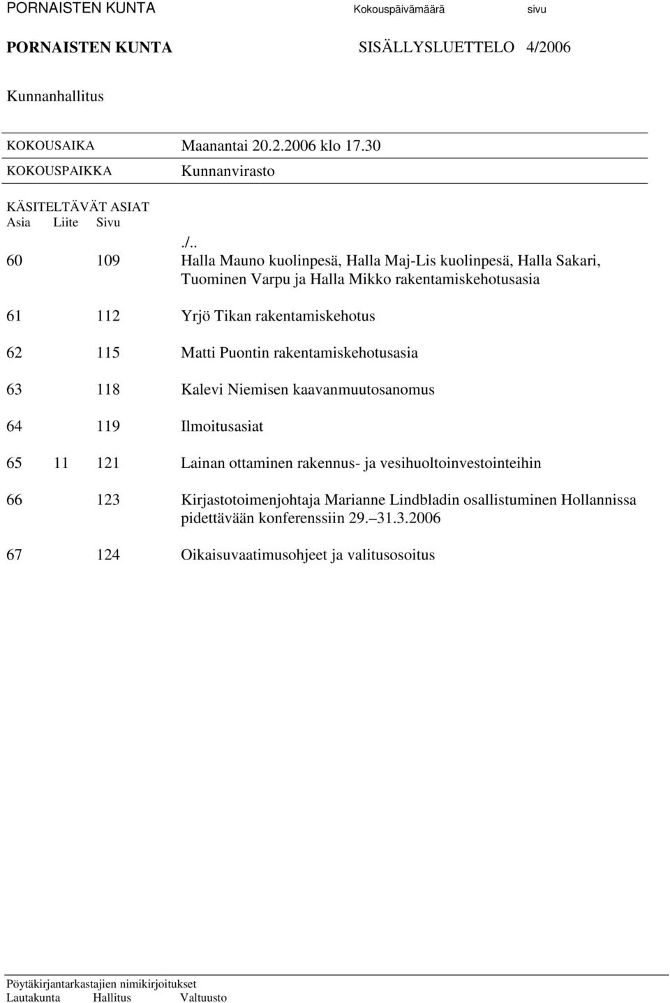 . 60 109 Halla Mauno kuolinpesä, Halla Maj-Lis kuolinpesä, Halla Sakari, Tuominen Varpu ja Halla Mikko rakentamiskehotusasia 61 112 Yrjö Tikan rakentamiskehotus 62