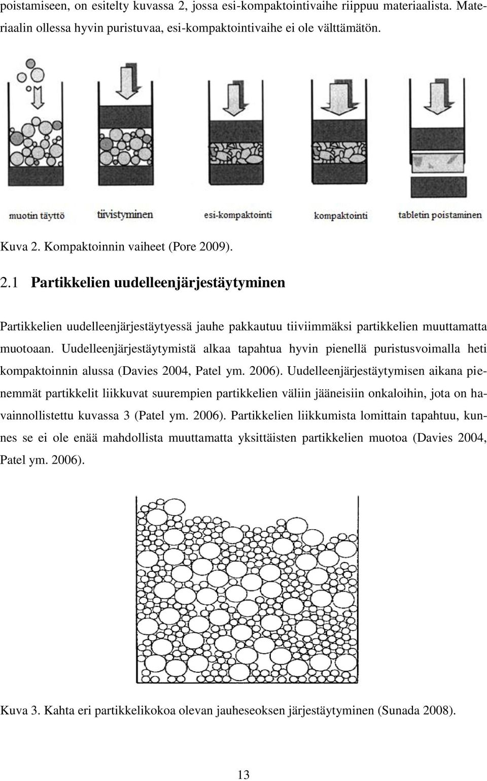 Uudelleenjärjestäytymistä alkaa tapahtua hyvin pienellä puristusvoimalla heti kompaktoinnin alussa (Davies 2004, Patel ym. 2006).