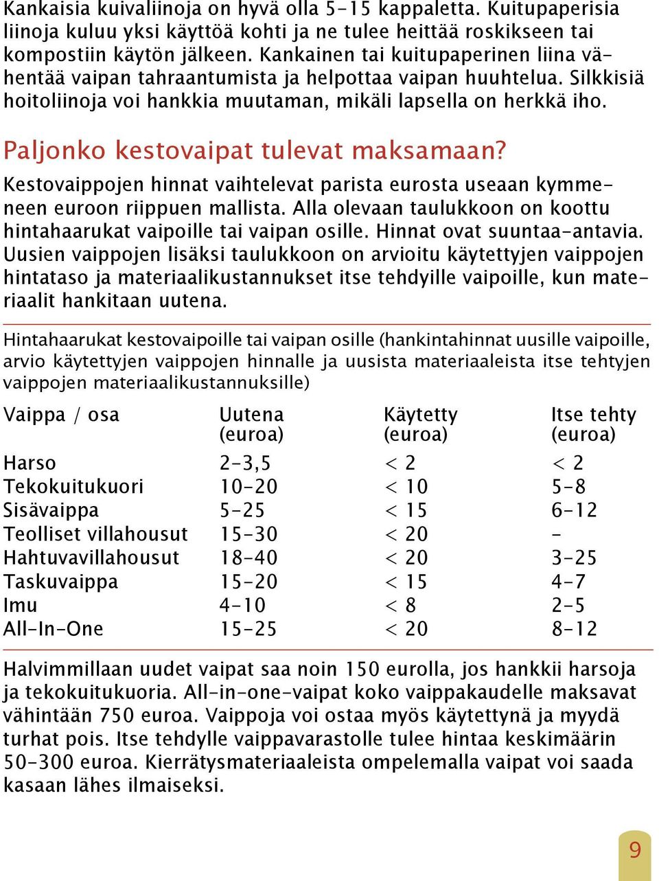 Paljonko kestovaipat tulevat maksamaan? Kestovaippojen hinnat vaihtelevat parista eurosta useaan kymmeneen euroon riippuen mallista.