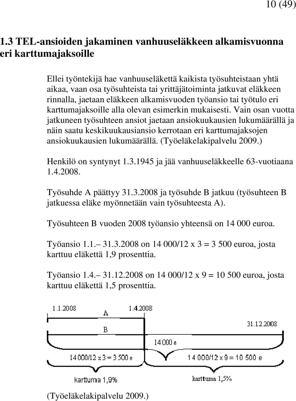 jatkuvat eläkkeen rinnalla, jaetaan eläkkeen alkamisvuoden työansio tai työtulo eri karttumajaksoille alla olevan esimerkin mukaisesti.