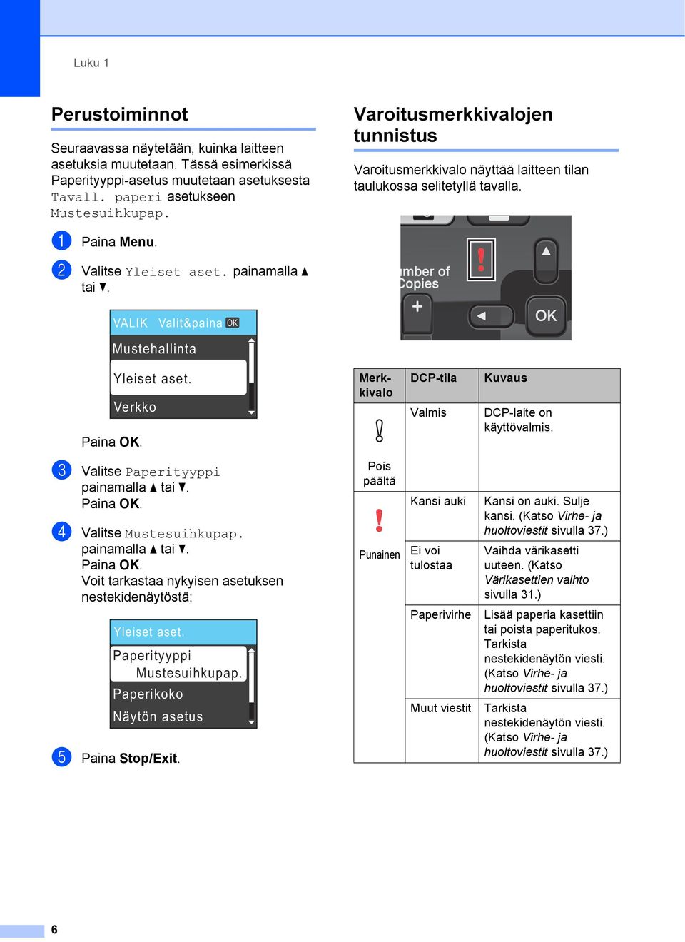 VALIK Valit&paina OK Mustehallinta Paina OK. Yleiset aset. Verkko Merkkivalo DCP-tila Valmis Kuvaus DCP-laite on käyttövalmis. c Valitse Paperityyppi painamalla a tai b. Paina OK. d Valitse Mustesuihkupap.