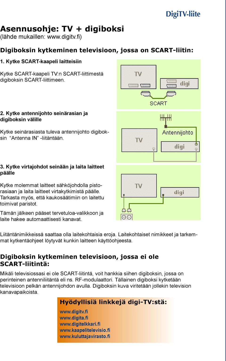 Kytke antennijohto seinärasian ja digiboksin välille Kytke seinärasiasta tuleva antennijohto digiboksin Antenna IN -liitäntään. 3.