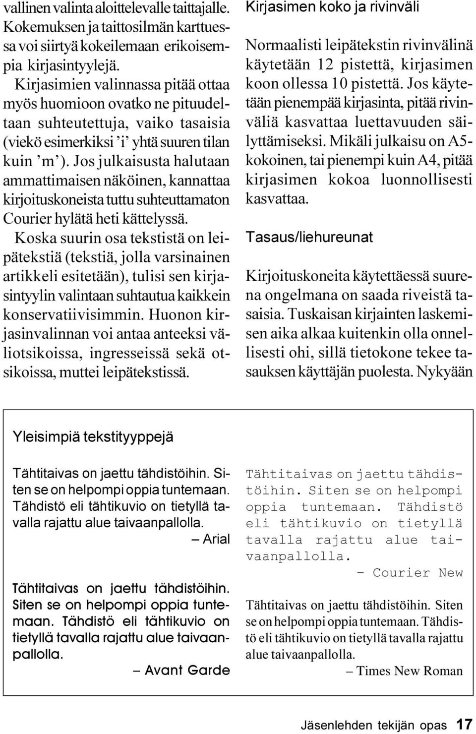 Jos julkaisusta halutaan ammattimaisen näköinen, kannattaa kirjoituskoneista tuttu suhteuttamaton Courier hylätä heti kättelyssä.