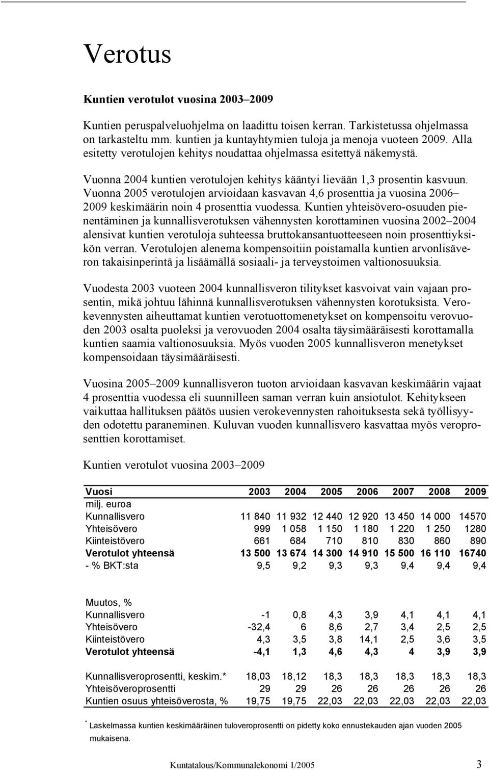 Vuonna 2005 verotulojen arvioidaan kasvavan 4,6 prosenttia ja vuosina 2006 2009 keskimäärin noin 4 prosenttia vuodessa.