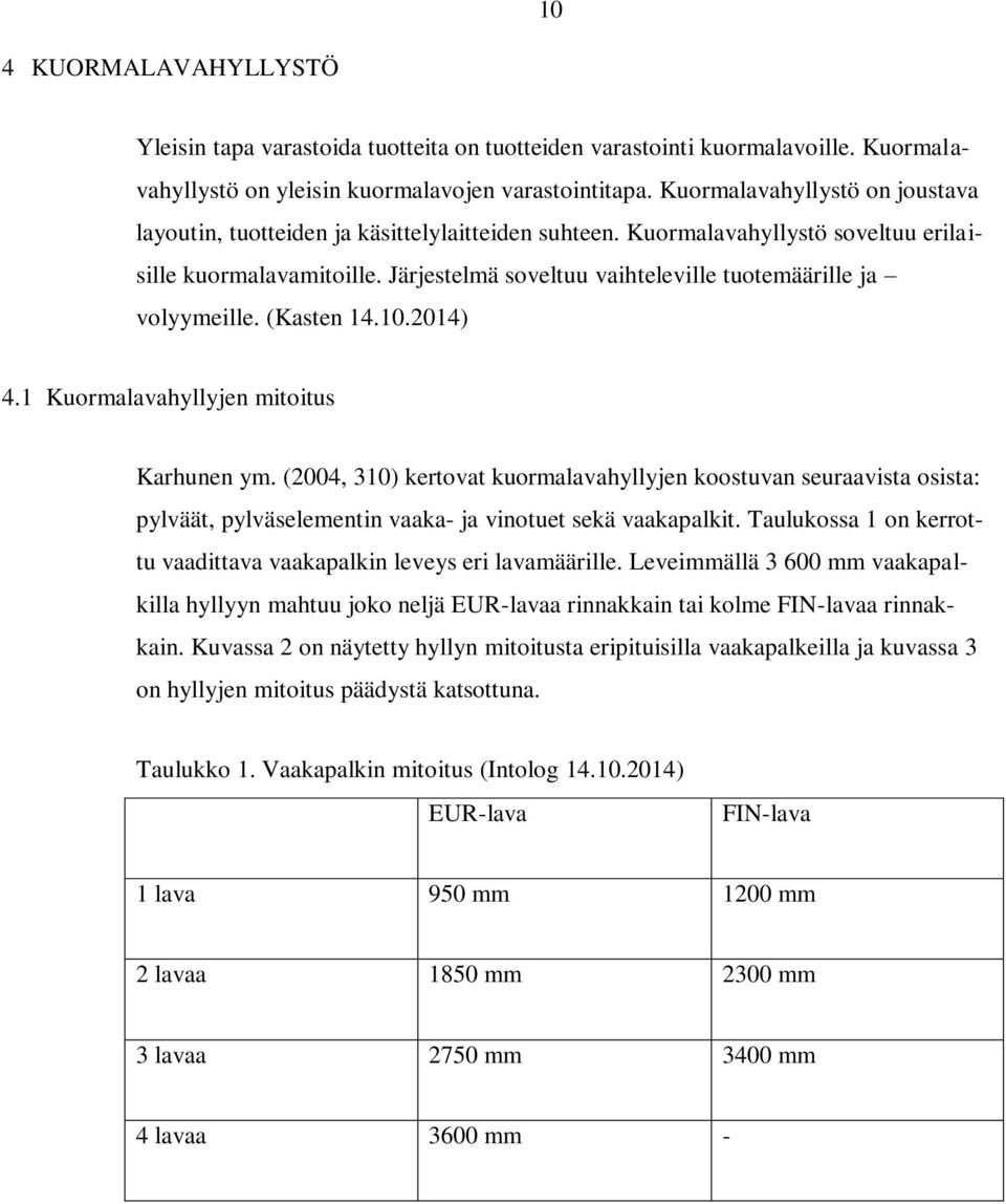 Järjestelmä soveltuu vaihteleville tuotemäärille ja volyymeille. (Kasten 14.10.2014) 4.1 Kuormalavahyllyjen mitoitus Karhunen ym.