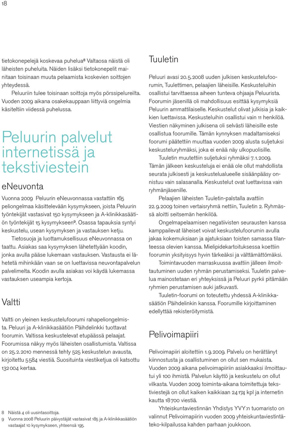 Peluurin palvelut internetissä ja tekstiviestein eneuvonta Vuonna 2009 Peluurin eneuvonnassa vastattiin 165 peliongelmaa käsittelevään kysymykseen, joista Peluurin työntekijät vastasivat 150