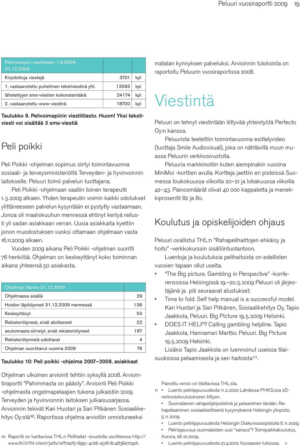 Yksi tekstiviesti voi sisältää 3 sms-viestiä Peli poikki Peli Poikki -ohjelman sopimus siirtyi toimintavuonna sosiaali- ja terveysministeriöltä Terveyden- ja hyvinvoinnin laitokselle.