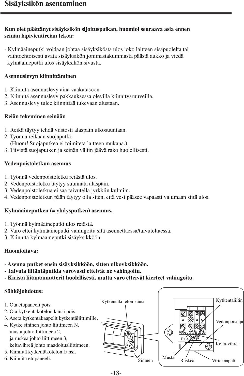 Kiinnitä asennuslevy aina vaakatasoon. 2. Kiinnitä asennuslevy pakkauksessa olevilla kiinnitysruuveilla. 3. Asennuslevy tulee kiinnittää tukevaan alustaan. Reiän tekeminen seinään 1.