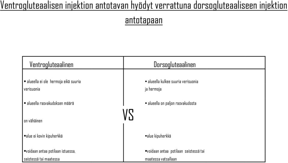 verisuonia ja hermoja alueella rasvakudoksen määrä on vähäinen VS alueella on paljon rasvakudosta alue ei kovin