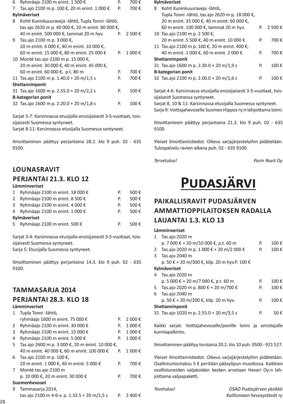 30 000, 40 m enint. 45 000, 60 m enint. 60 000, p.t. 80 m P. 700 11 Tas.ajo 2100 m p. 1.40.0 + 20 m/1,5 s P. 700 31 Tas.ajo 1600 m p. 2.55.0 + 20 m/2,2 s P. 100 B-kategorian ponit 32 Tas.ajo 1600 m p. 2.20.0 + 20 m/1,8 s P.