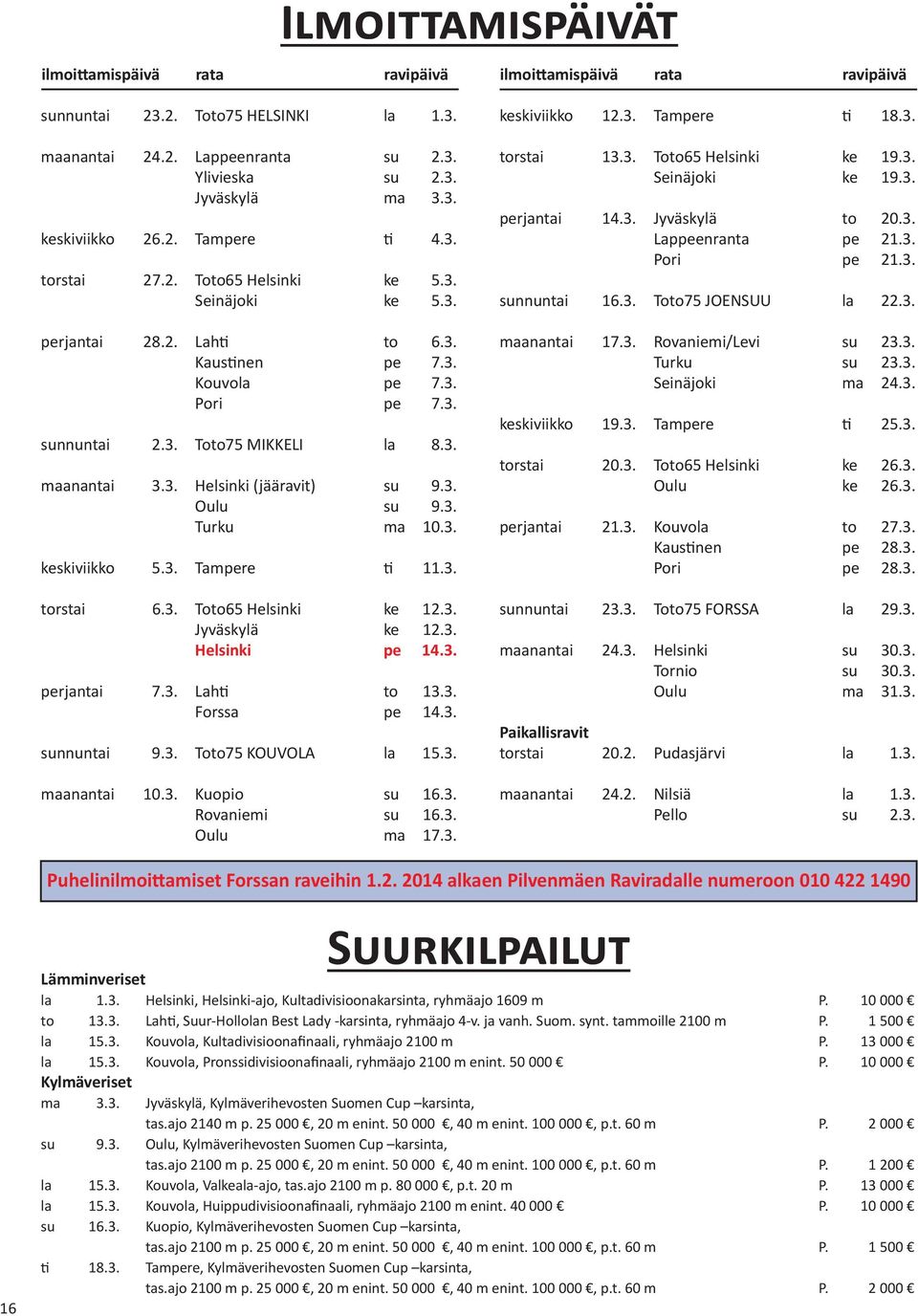 3. Helsinki (jääravit) su 9.3. Oulu su 9.3. Turku ma 10.3. keskiviikko 5.3. Tampere ti 11.3. torstai 6.3. Toto65 Helsinki ke 12.3. Jyväskylä ke 12.3. Helsinki pe 14.3. perjantai 7.3. Lahti to 13.3. Forssa pe 14.