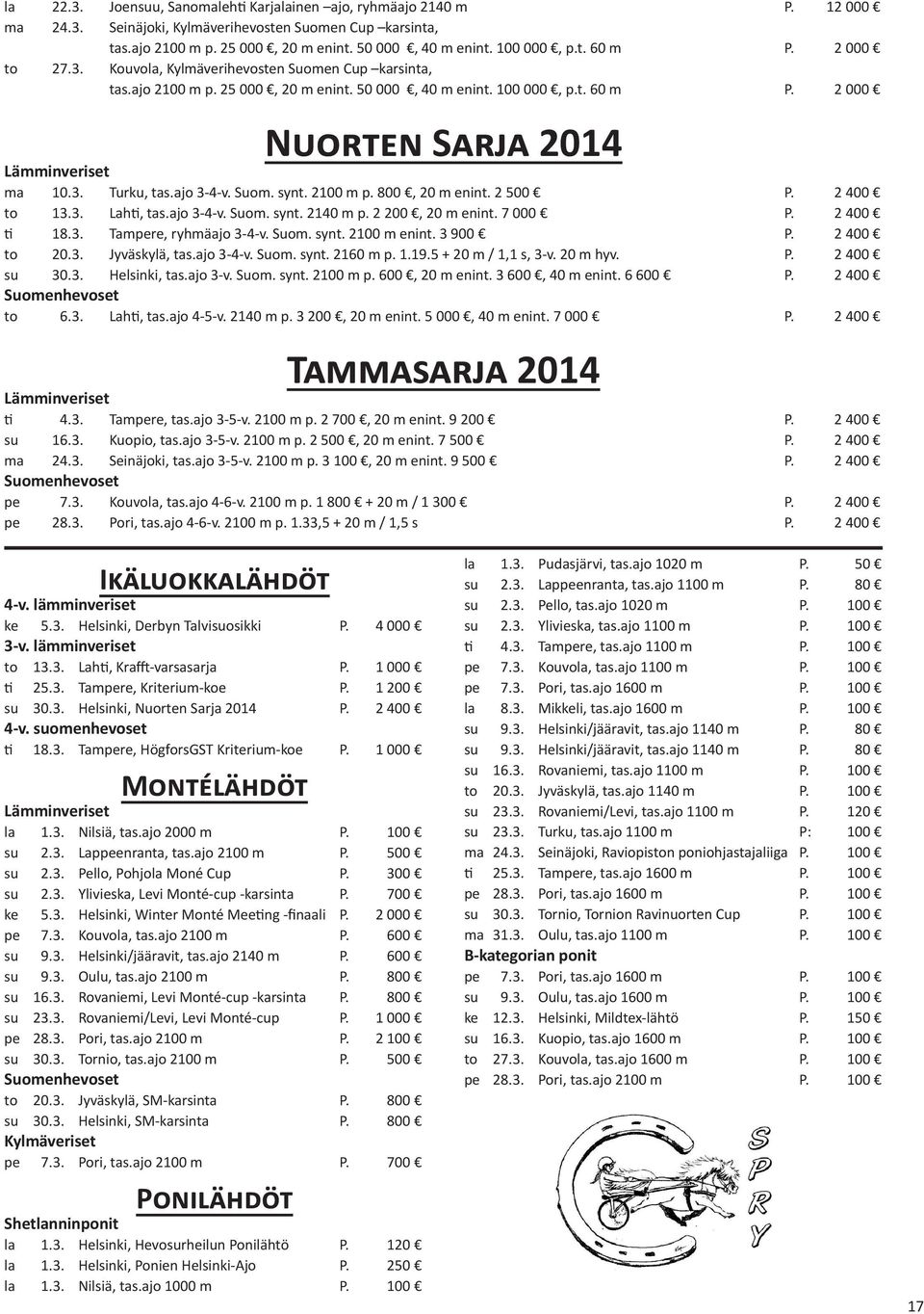 ajo 3-4-v. Suom. synt. 2100 m p. 800, 20 m enint. 2 500 P. 2 400 to 13.3. Lahti, tas.ajo 3-4-v. Suom. synt. 2140 m p. 2 200, 20 m enint. 7 000 P. 2 400 ti 18.3. Tampere, ryhmäajo 3-4-v. Suom. synt. 2100 m enint.