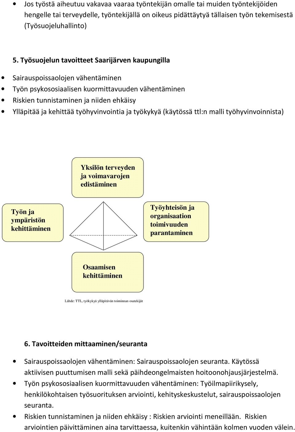 työhyvinvointia ja työkykyä (käytössä ttl:n malli työhyvinvoinnista) Yksilön terveyden ja voimavarojen edistäminen Työn ja ympäristön kehittäminen Työyhteisön ja organisaation toimivuuden