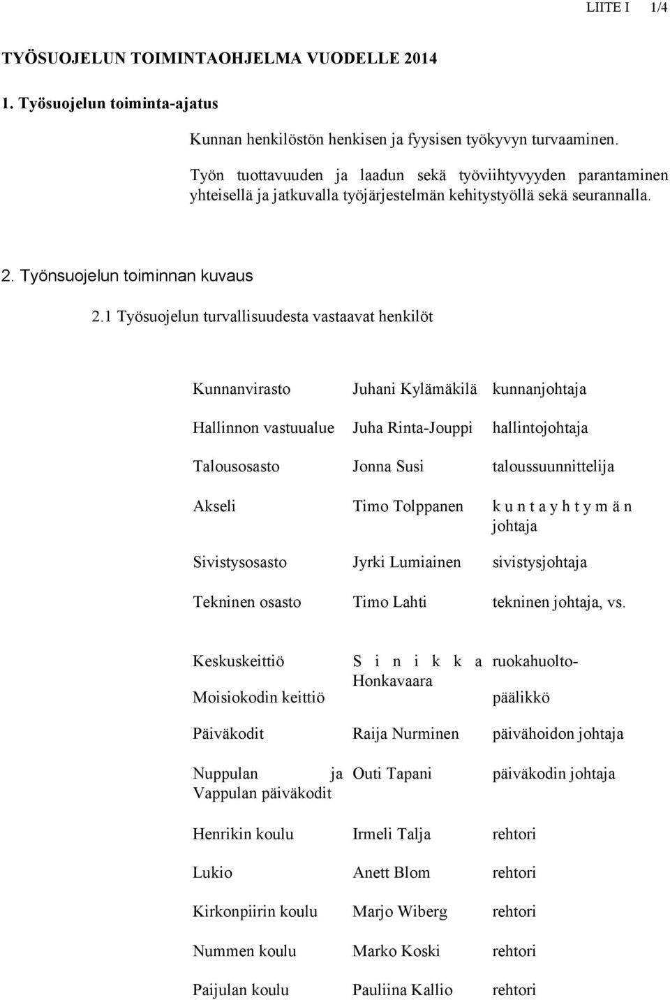 1 Työsuojelun turvallisuudesta vastaavat henkilöt Kunnanvirasto Juhani Kylämäkilä kunnanjohtaja Hallinnon vastuualue Juha Rinta-Jouppi hallintojohtaja Talousosasto Jonna Susi taloussuunnittelija