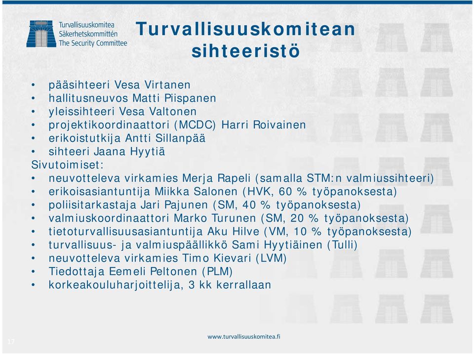 poliisitarkastaja Jari Pajunen (SM, 40 % työpanoksesta) valmiuskoordinaattori Marko Turunen (SM, 20 % työpanoksesta) tietoturvallisuusasiantuntija Aku Hilve (VM, 10 % työpanoksesta)