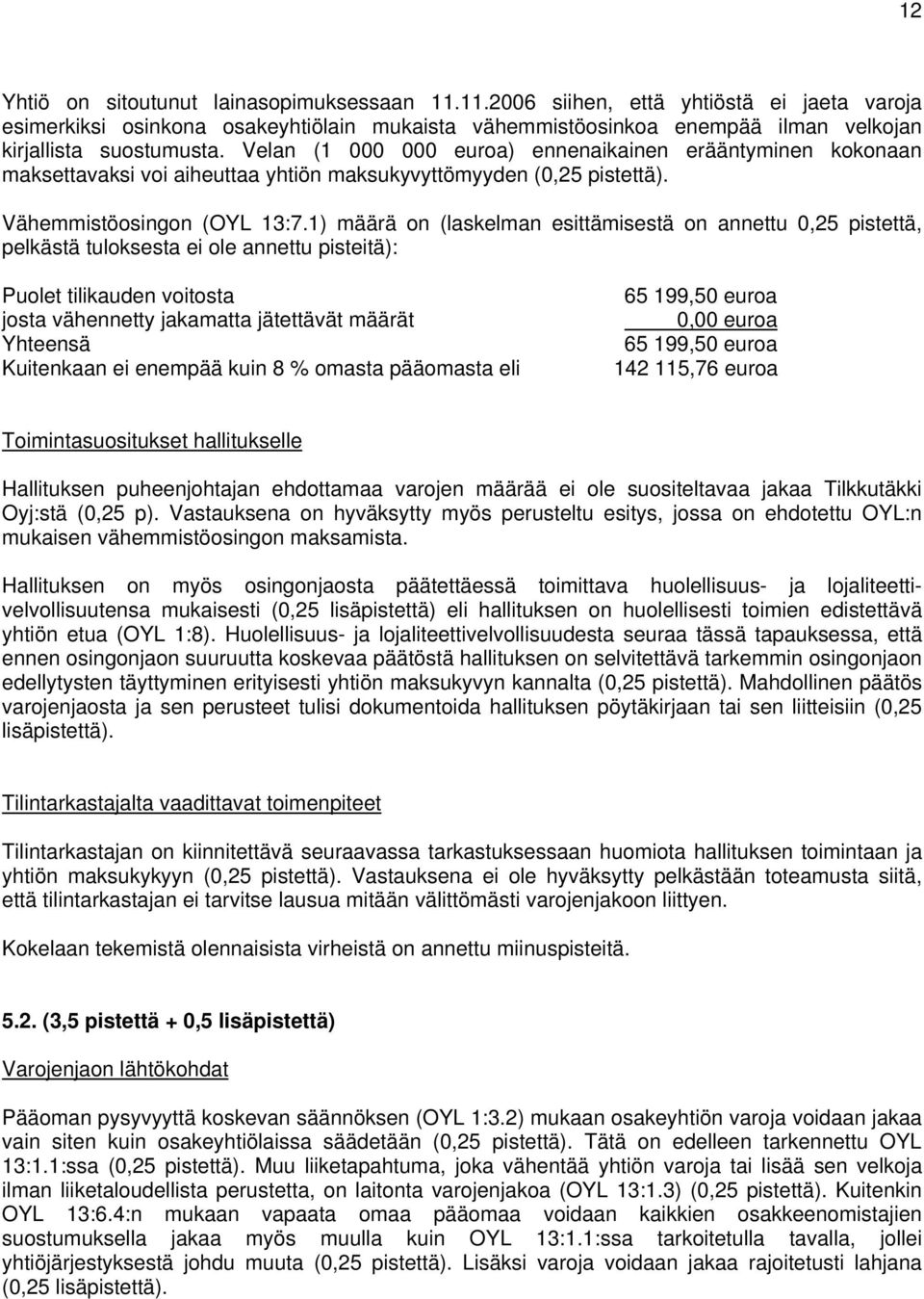 1) määrä on (laskelman esittämisestä on annettu 0,25 pistettä, pelkästä tuloksesta ei ole annettu pisteitä): Puolet tilikauden voitosta josta vähennetty jakamatta jätettävät määrät Yhteensä