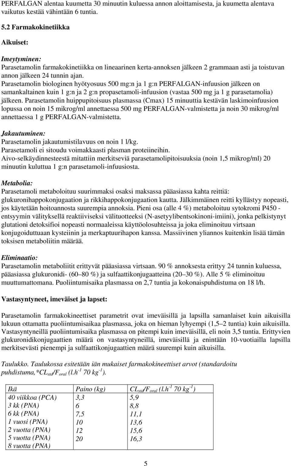 Parasetamolin biologinen hyötyosuus 500 mg:n ja 1 g:n PERFALGAN-infuusion jälkeen on samankaltainen kuin 1 g:n ja 2 g:n propasetamoli-infuusion (vastaa 500 mg ja 1 g parasetamolia) jälkeen.