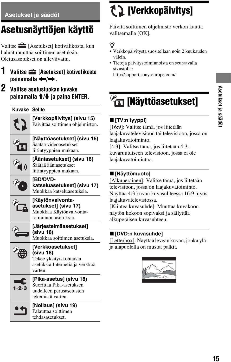 Kuvake Selite [Verkkopäivitys] (sivu 15) Päivittää soittimen ohjelmiston. [Näyttöasetukset] (sivu 15) Säätää videoasetukset liitintyyppien mukaan.